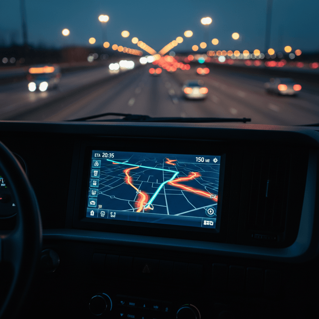 GPS navigation screen showing real-time route