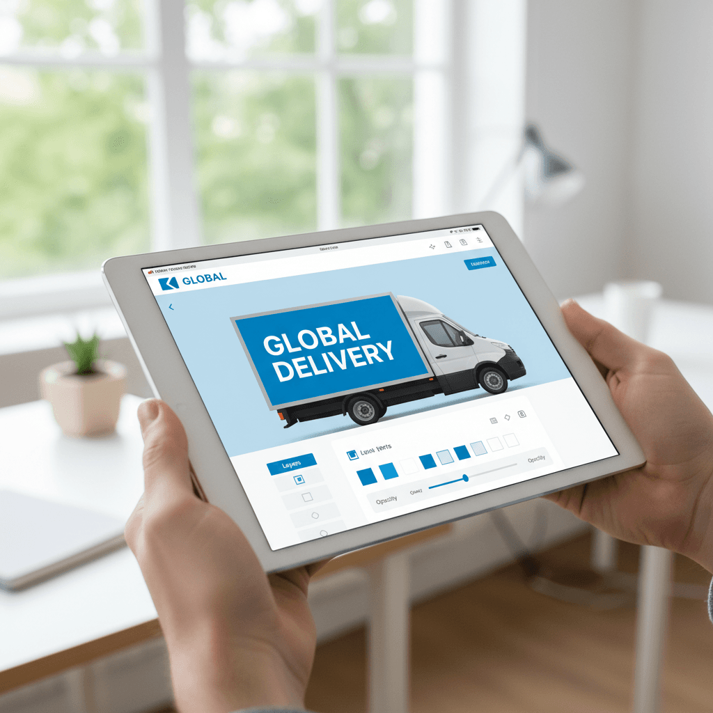 Tablet showing live ad editing interface