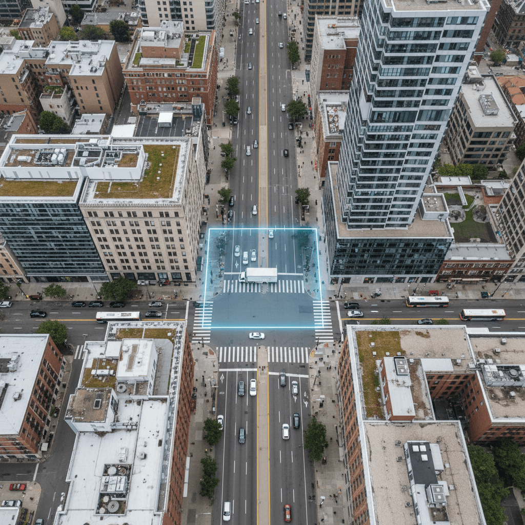 Overhead view of truck stopped inside geofenced zone