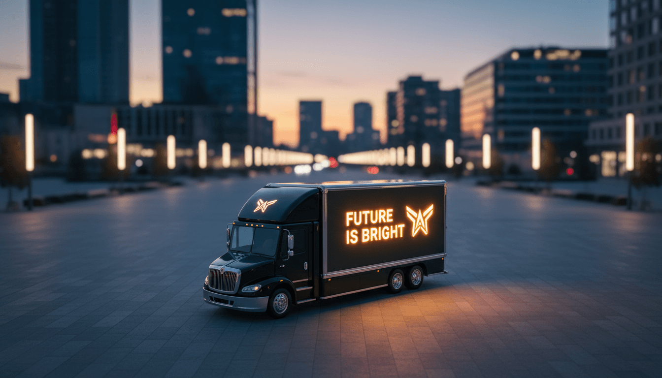 Illuminated mobile billboard truck parked on a street at dusk