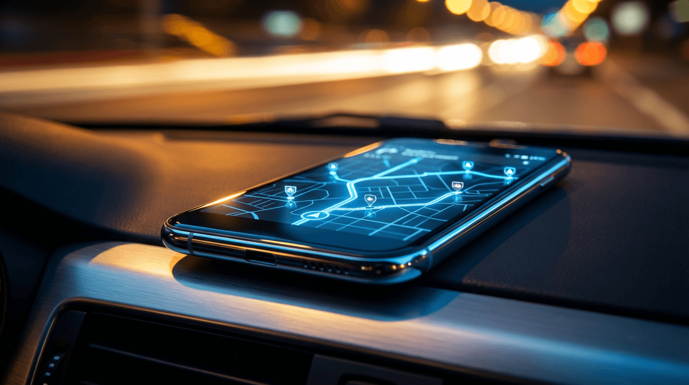 Smartphone showing GPS tracking map of mobile billboard fleet