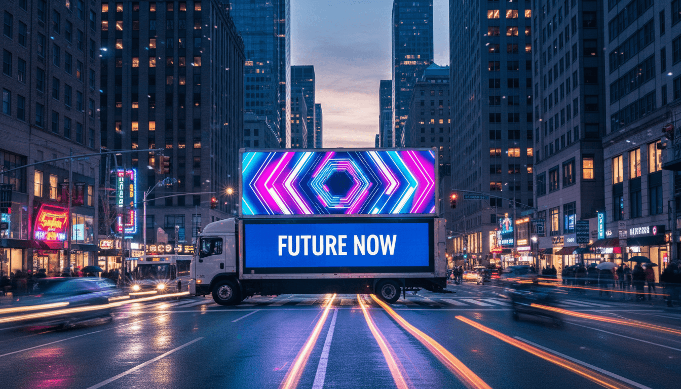 Mobile billboard truck driving through a city intersection