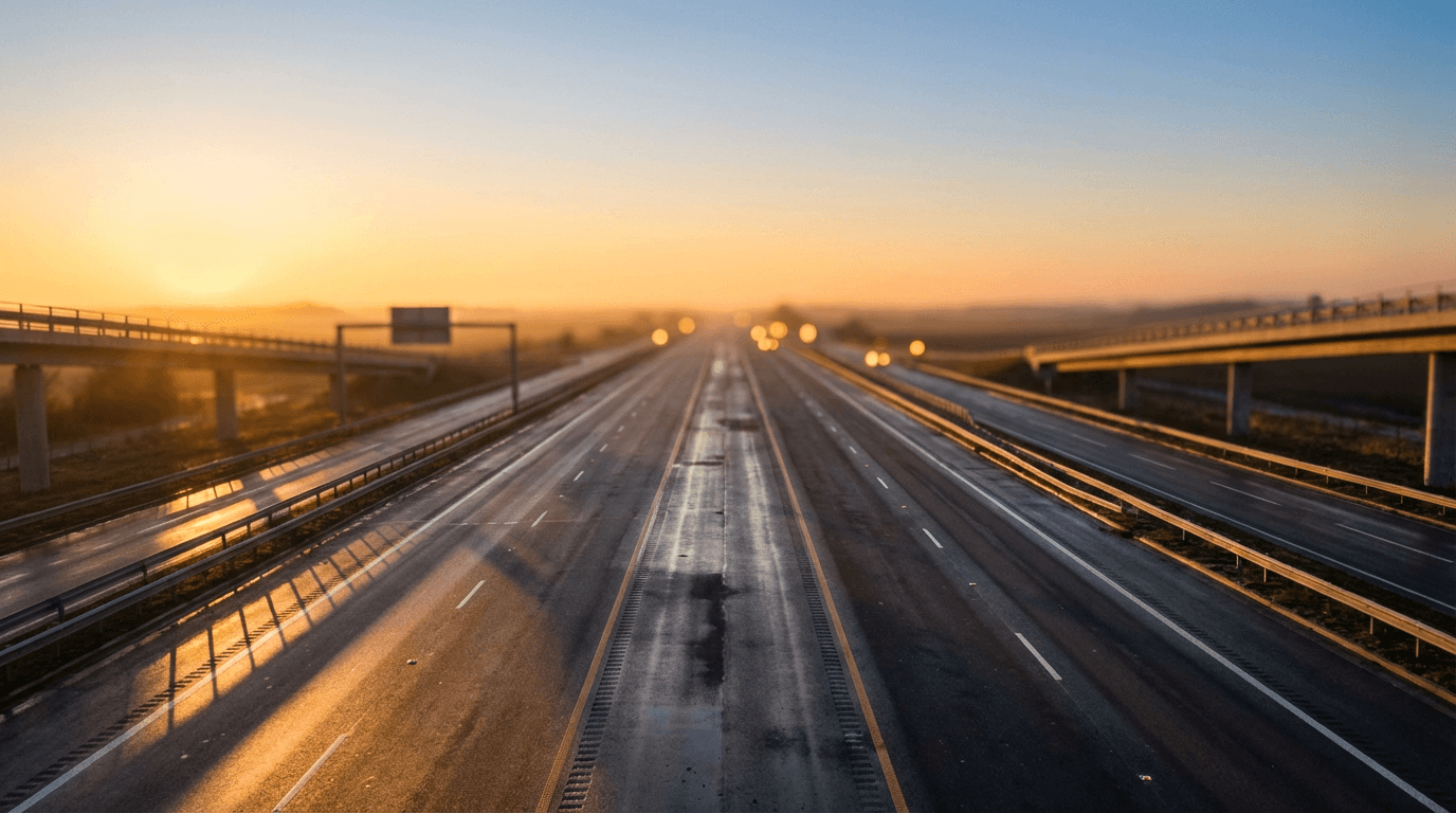 Mobile billboard fleet driving on a highway at sunset